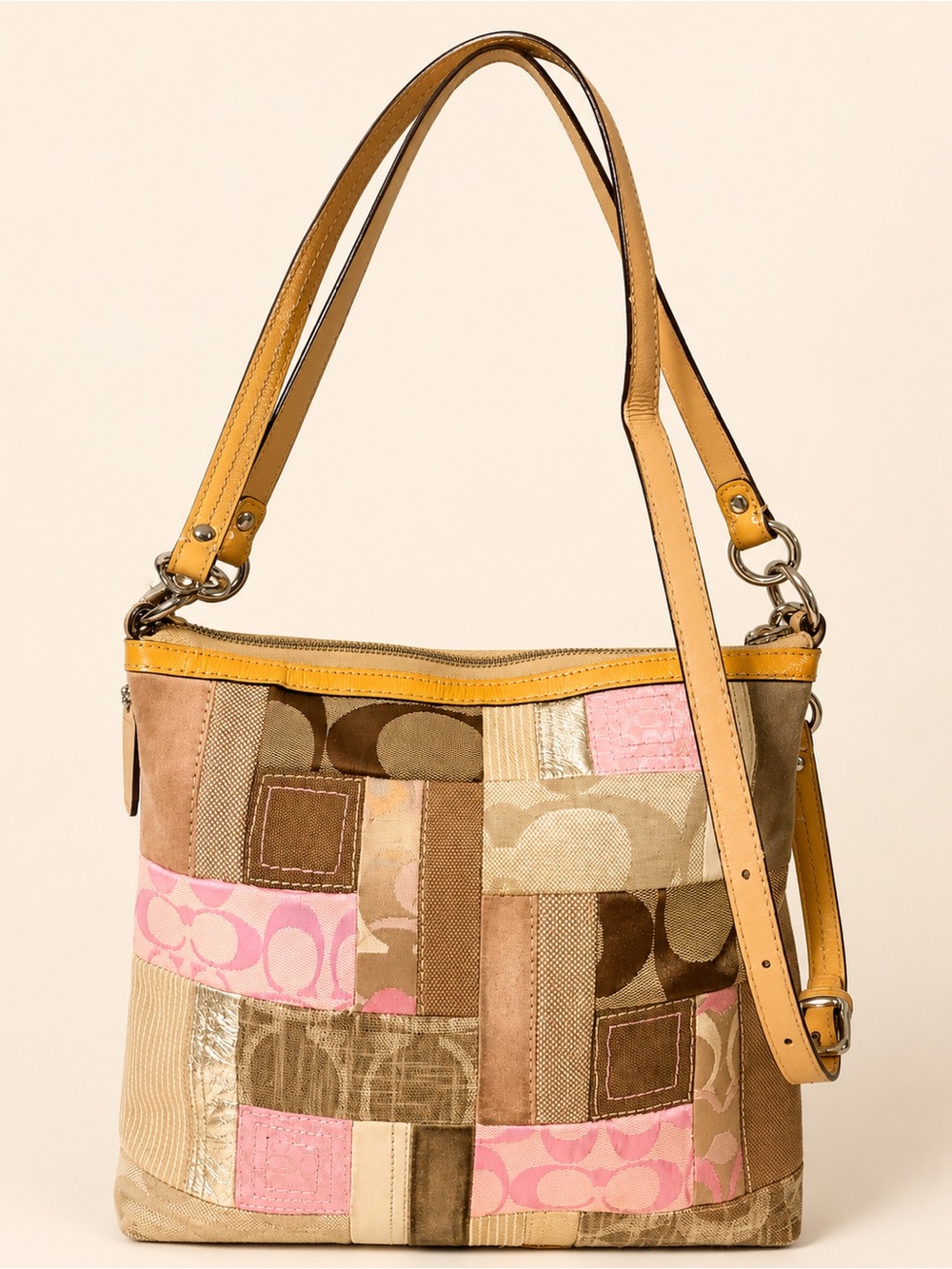 Coach Signature Patchwork Carly Shoulder Bag F13723 Pink Beige Leather Trim